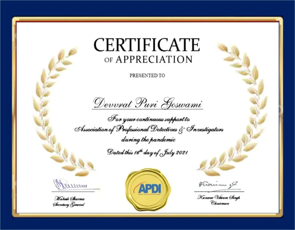 Certificate of Appreciation Presented to Devvrat Puri Goswami, APDI.